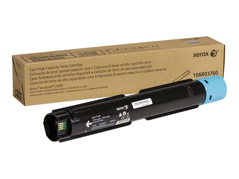 Cartucho de toner Xerox azul ciano com embalagem de papelão castanha