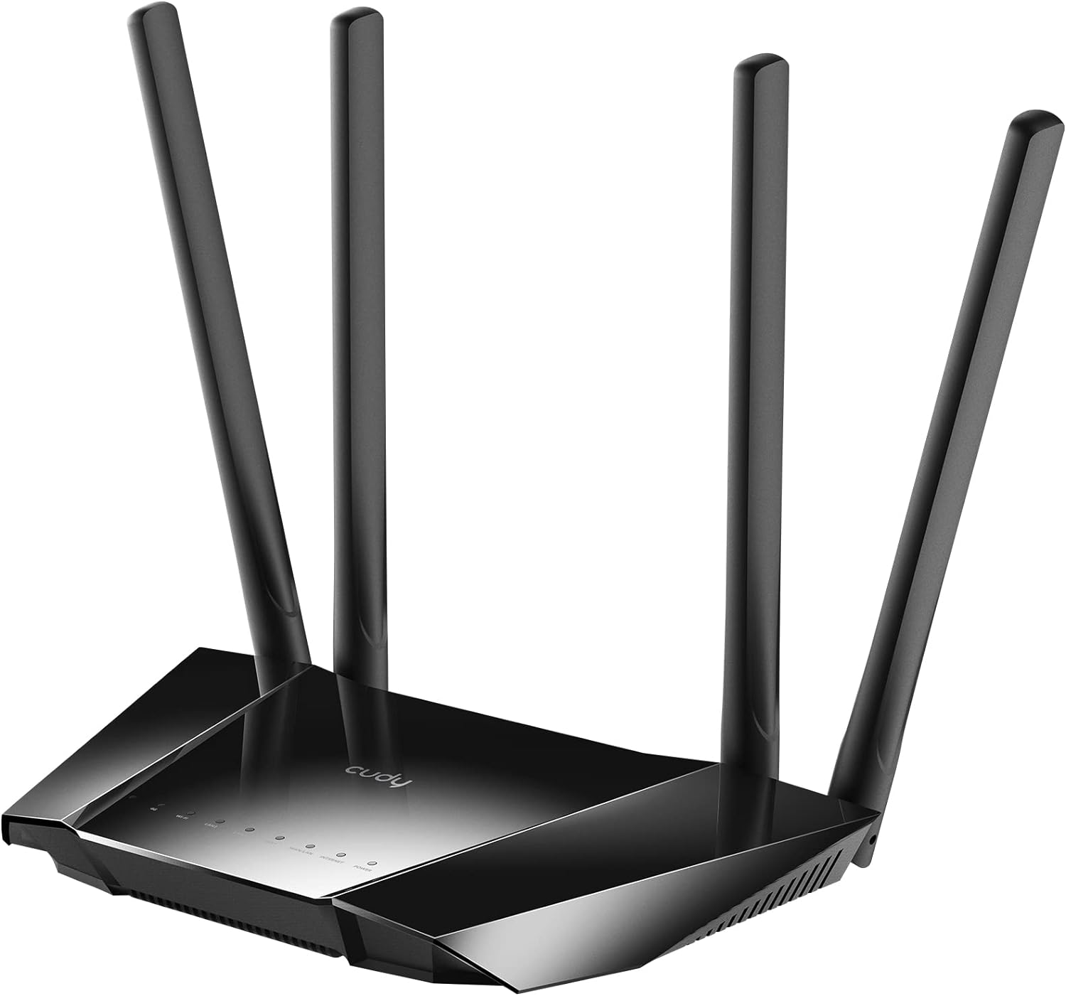 Roteador Wi-Fi preto com quatro antenas e luzes indicadoras