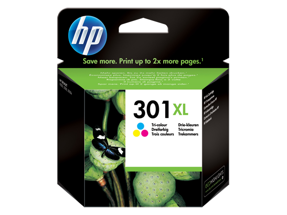 Cartucho de tinta HP 301 XL tri-color em embalagem preta com imagem de plantas verdes
