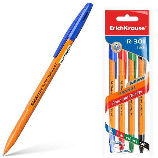 Conjunto de 4 esferográficas ErichKrause R-301 Stick com corpo laranja e tampas coloridas em embalagem.