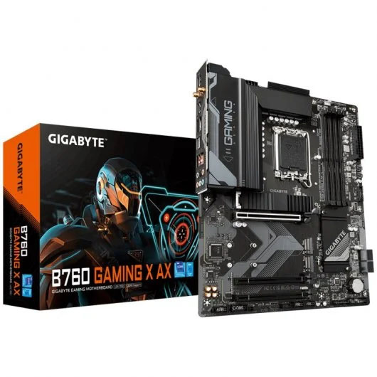 Placa-mãe Gigabyte B760 GAMING X AX com caixa preta e laranja
