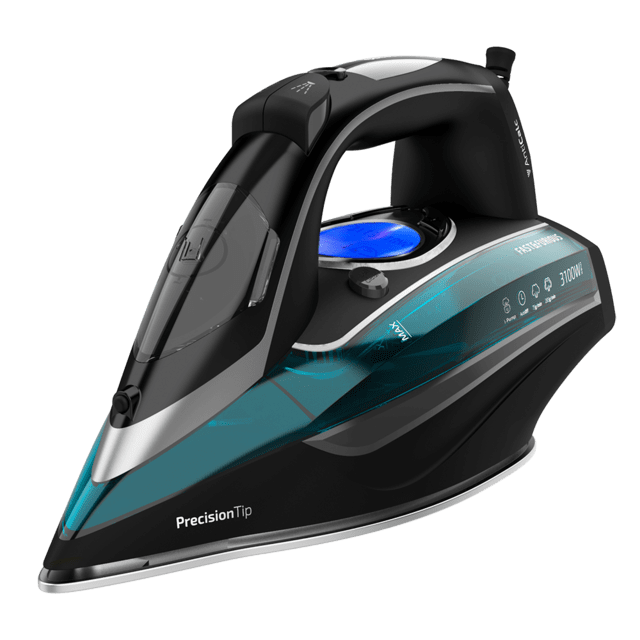 Ferro de engomar preto azul com visor e texto PrecisionTip 3710W