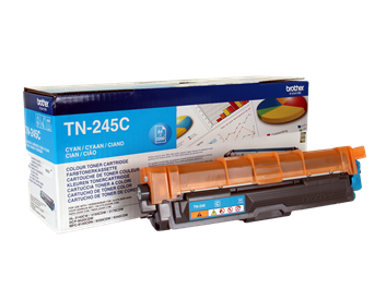 Cartucho de toner Brother TN-245C azul com embalagem e gráficos coloridos.