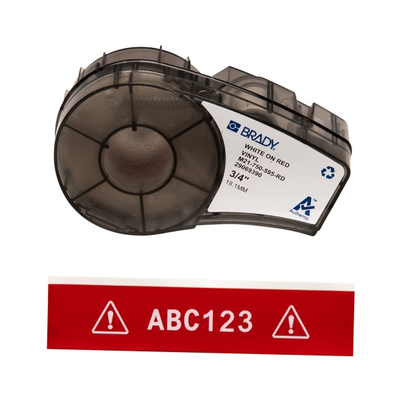 Dispositivo dispensador de etiquetas BRADY com etiqueta vermelha e texto ABC123