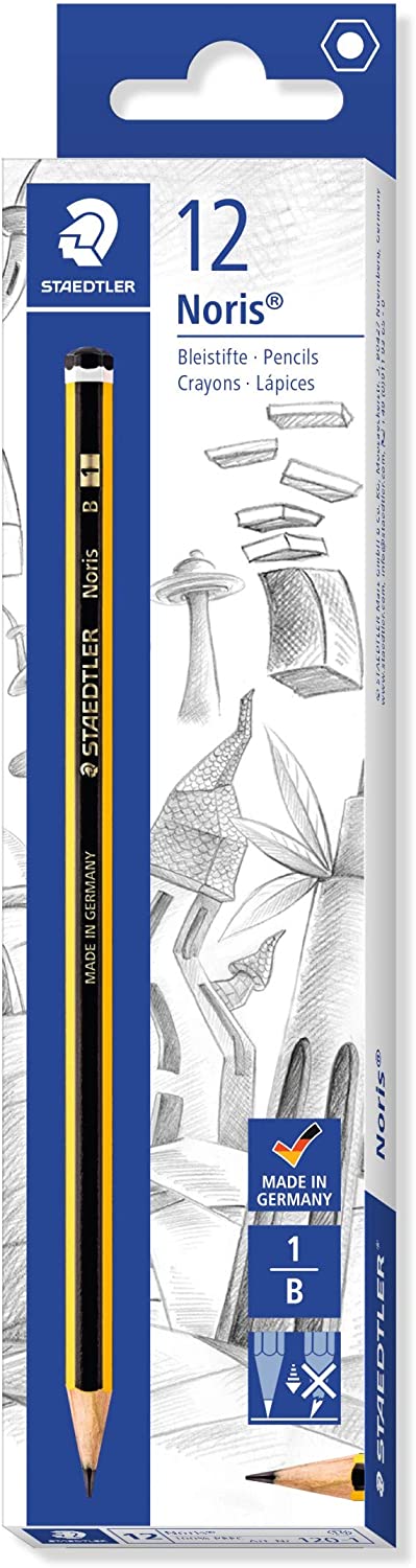 Embalagem com 12 lápis STAEDTLER Noris preto e amarelo.