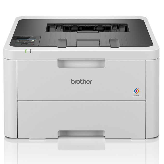 Impressora Brother de cor cinzenta com painel superior e logótipos visíveis.