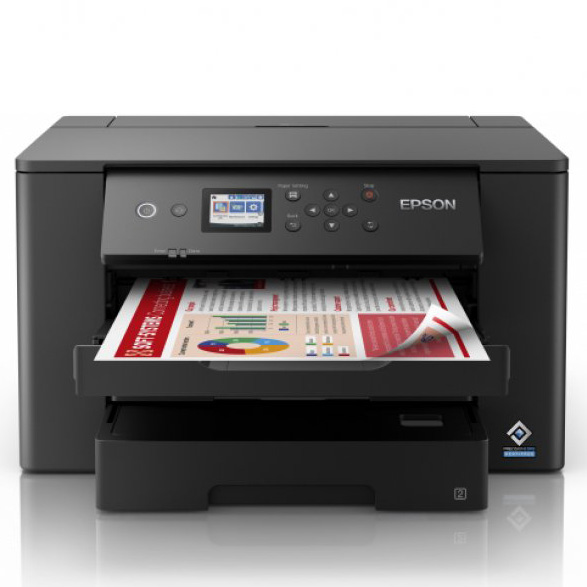 Impressora Epson preta a imprimir documento colorido