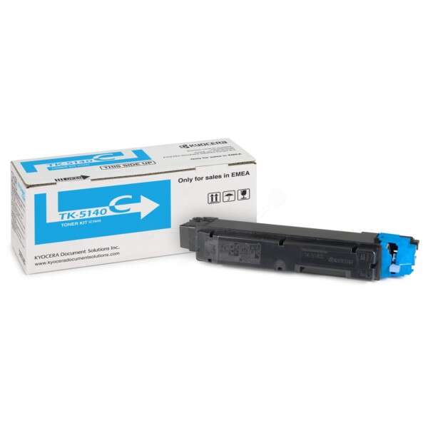 Cartucho de toner preto Kyocera TK-5140 ao lado de embalagem branca com azul