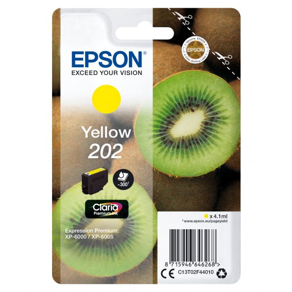 Embalagem de tinteiro Epson amarelo 202 com imagens de kiwis
