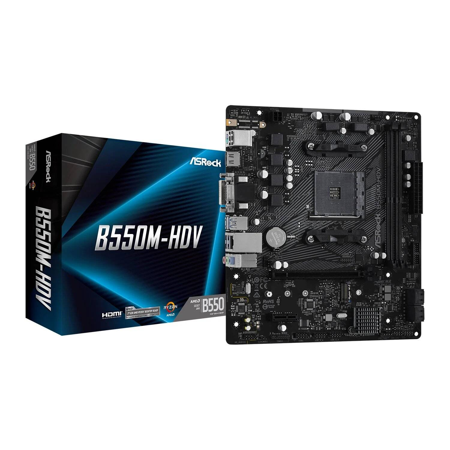 Placa-mãe ASRock B550M-HDV e caixa azul preto com texto B550M-HDV e logos AMD