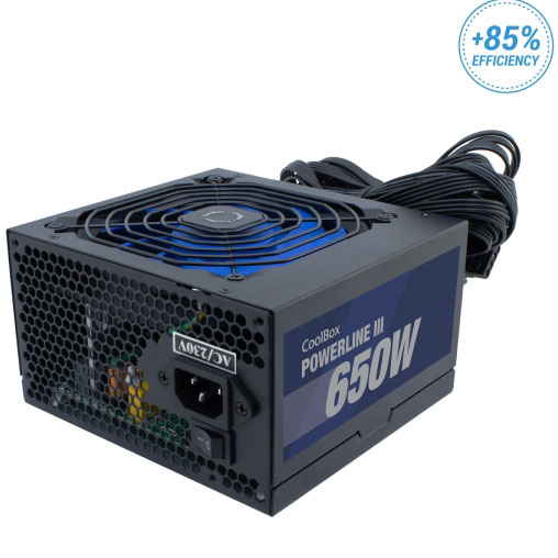 Fonte de alimentação CoolBox POWERLINE III 650W com ventoinha azul e cabo preto