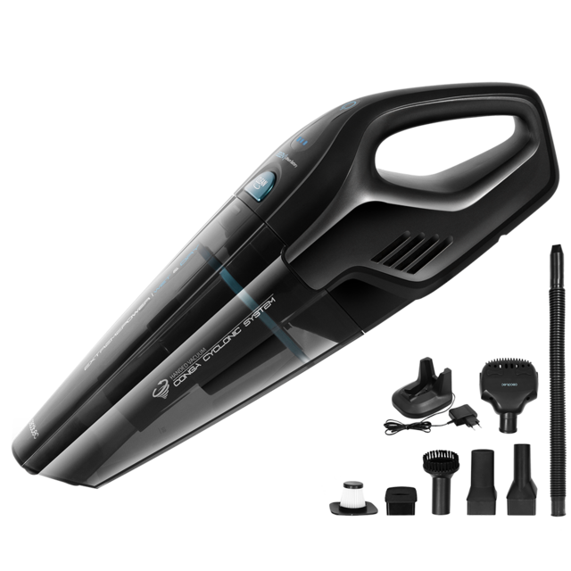 aspirador sem fios preto e acessórios