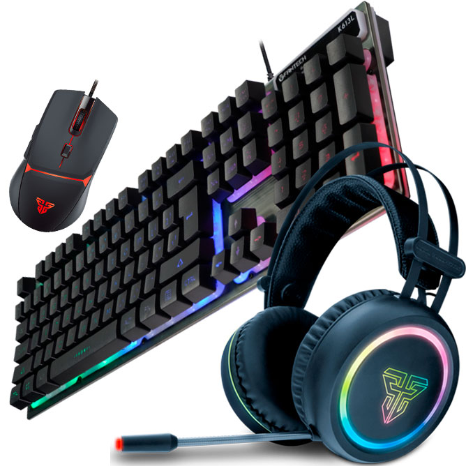 Conjunto de teclado, rato e headset gaming com iluminação RGB.