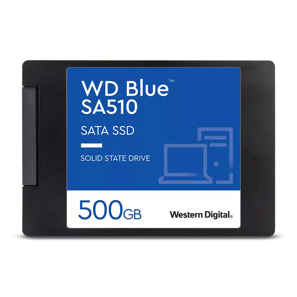 Disco SSD WD Blue SA510 SATA 500GB Western Digital com etiqueta azul e branca