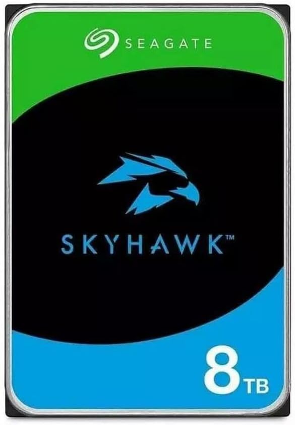 Disco rígido Seagate SkyHawk 8TB com design preto, verde e azul