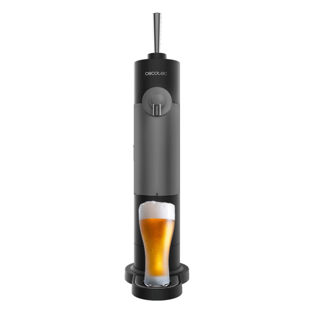 Dispositivo dispensor de cerveja Cecotec preto e cinza com copo de cerveja com espuma