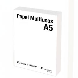 Pilha de papel multiusos A5 com embalagem branca e texto preto