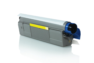 Tinteiro de impressora cinzento com tampa azul e etiqueta amarela