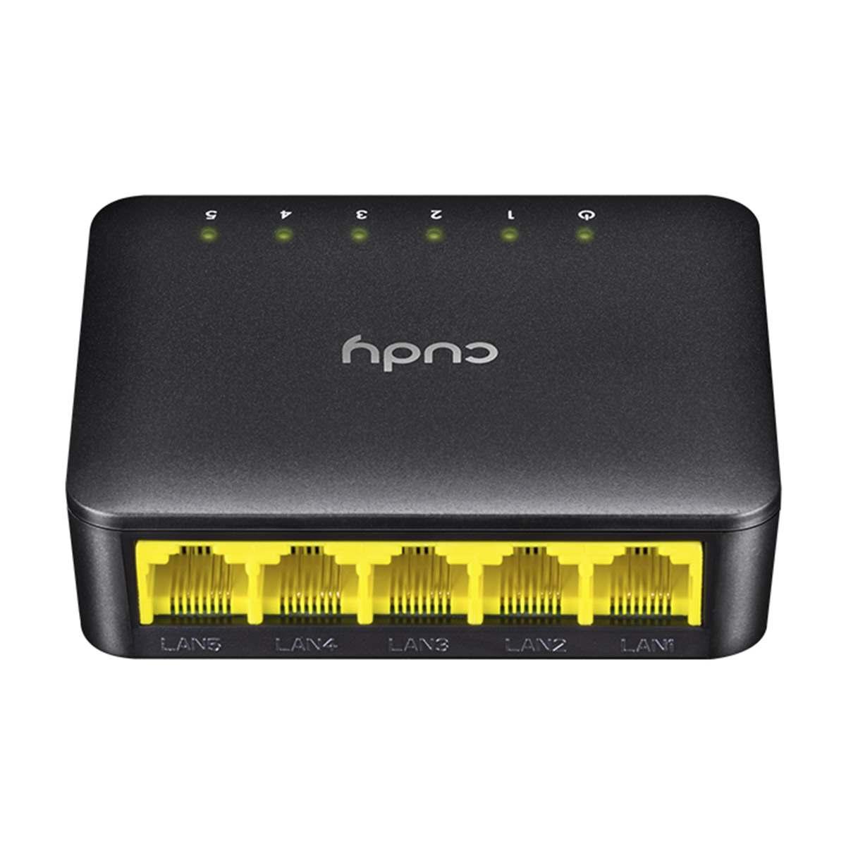 Switch de rede preto com portas LAN amarelas e LEDs indicadoras