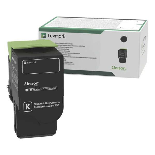 Cartucho de tinta Lexmark preto com tampa verde e embalagem branca com detalhes verdes
