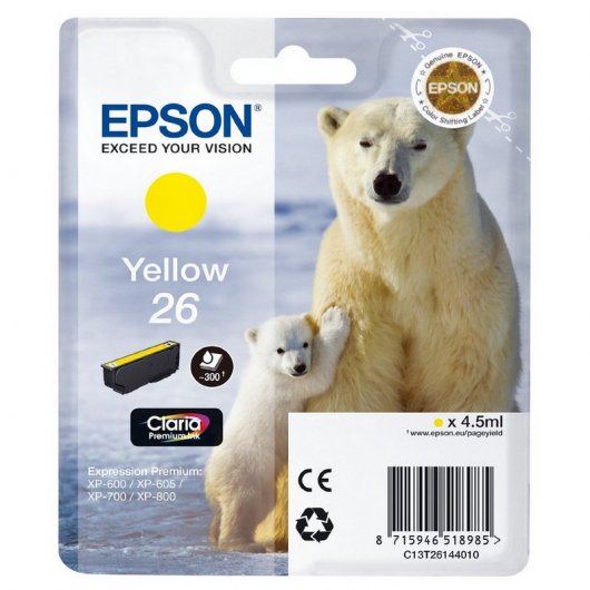 Cartucho de tinta Epson amarelo 26 com imagem de ursos polares na embalagem