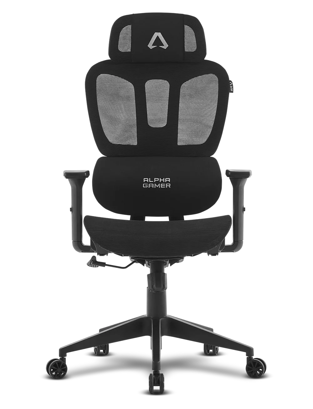 Cadeira de escritório ou gaming preta com texto ALPHA GAMER no encosto lombar