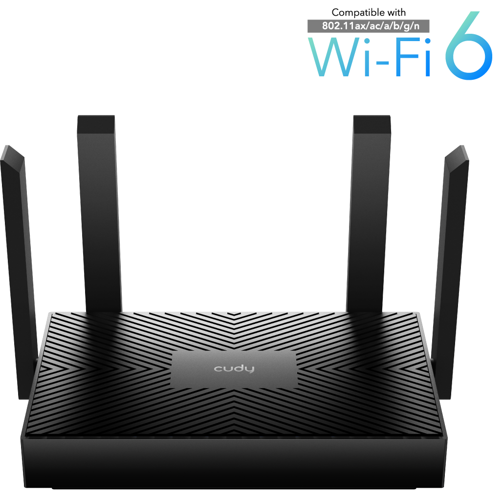 Roteador Wi-Fi preto com quatro antenas e texto Wi-Fi 6