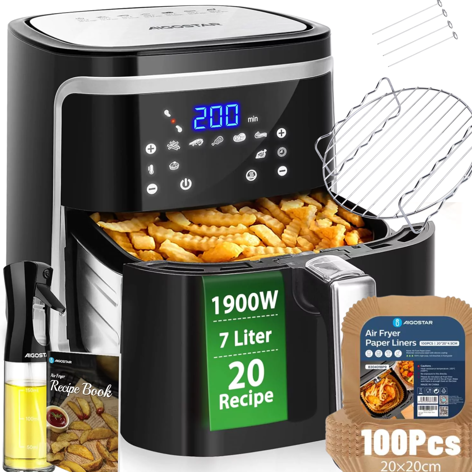 fritadeira elétrica preta com visor digital mostrando 20 minutos com batatas fritas dentro e acessórios ao lado