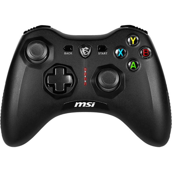 Comando de videojogo preto MSI com botões coloridos e logo
