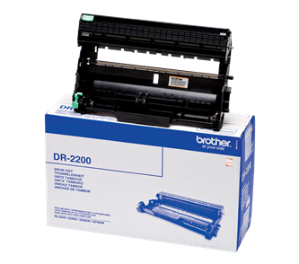 Unidade de tambor Brother DR-2200 preto em cima de caixa branca e azul