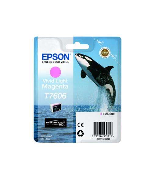 Cartucho de tinta Epson Vivid Light Magenta T7606 com orca a saltar no mar