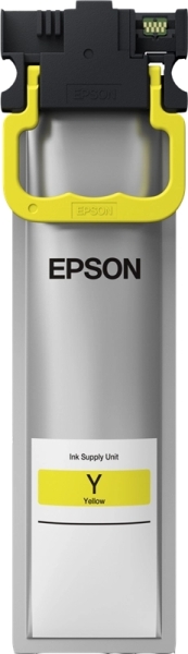 Unidade de tinta Epson amarelo para impressora com manilha amarela e corpo cinzento.