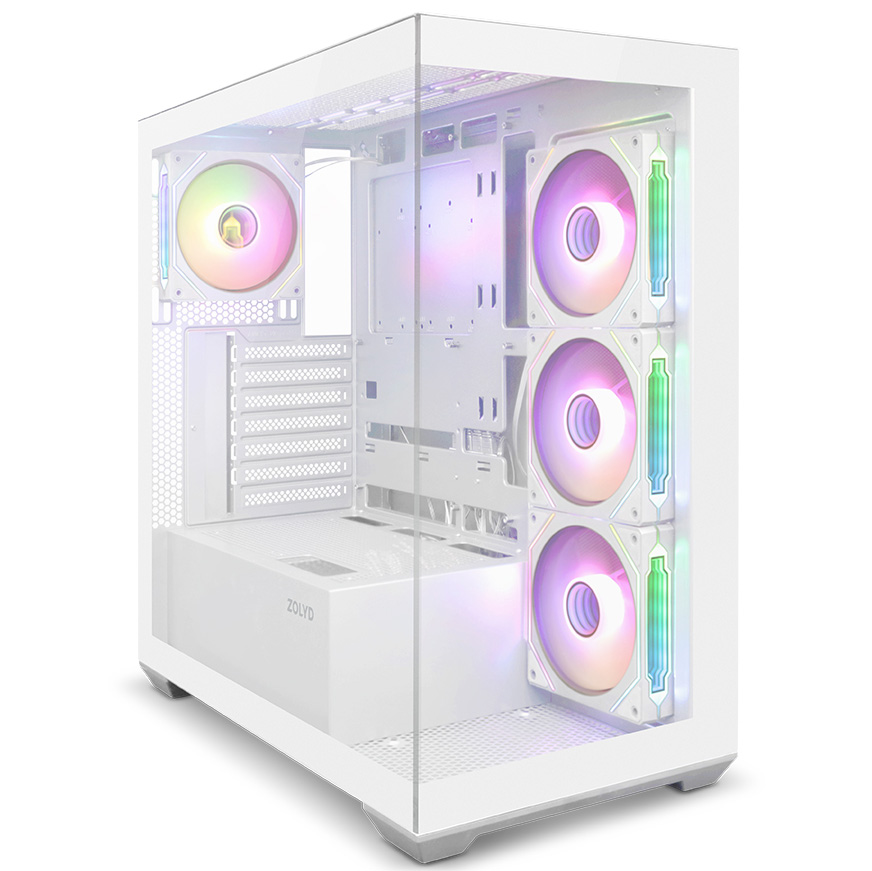 Gaveta de computador branco com ventoinhas RGB e painel de vidro temperado