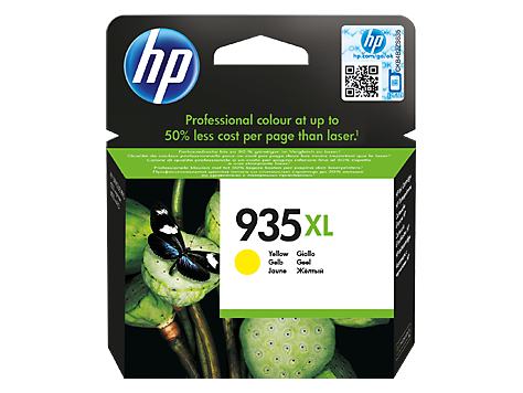 Embalagem de tinteiro HP 935 XL amarelo com borboleta e folhas verdes.