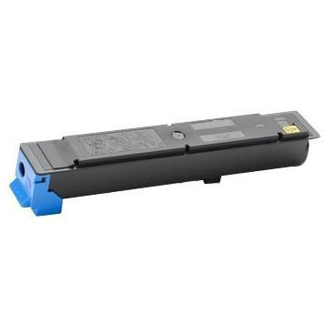 Toner preto para impressora com detalhes em azul, visto em fundo branco.