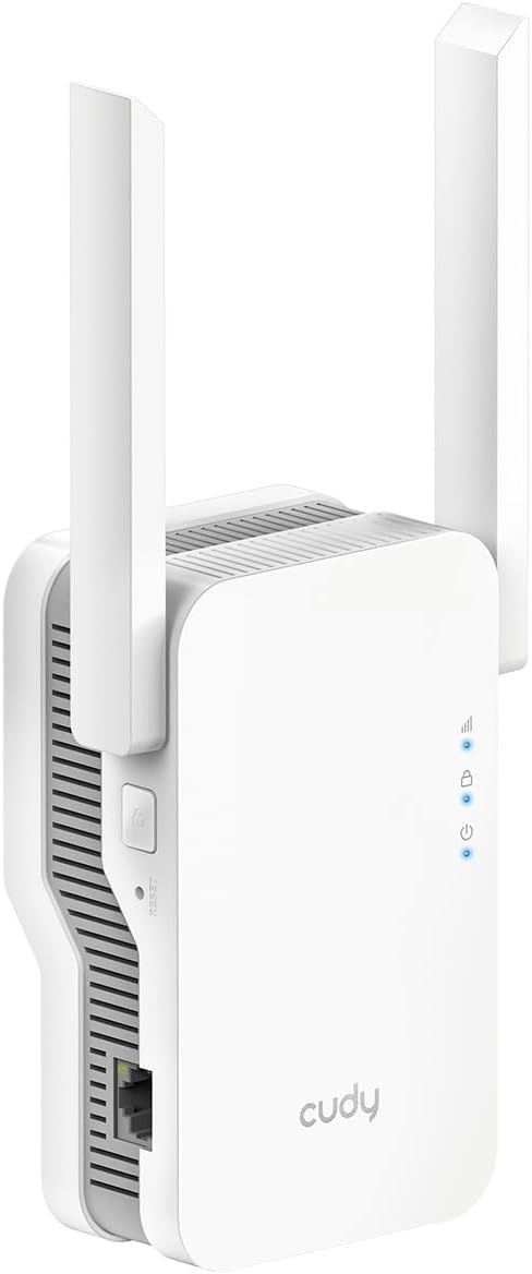 Repetidor Wi-Fi branco Cudy com duas antenas e luzes LED azuis