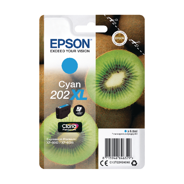 Embalagem de tinteiro Epson Cyan 202XL com imagem de kiwi