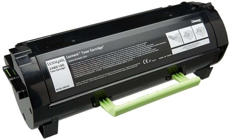 Cartucho de toner preto Lexmark 24B6186 com pega verde e instruções impressas