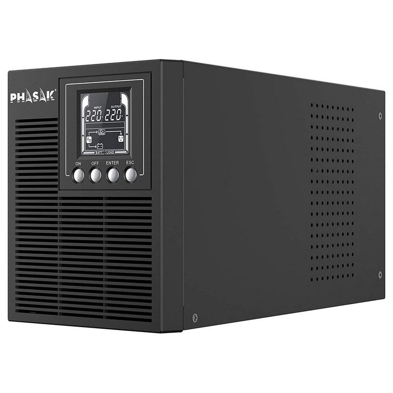 Equipamento eletrónico preto com painel digital e botões, marca PHASAK