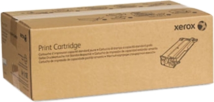 Caixa castanha de cartucho de impressão Xerox com texto e desenho a preto.