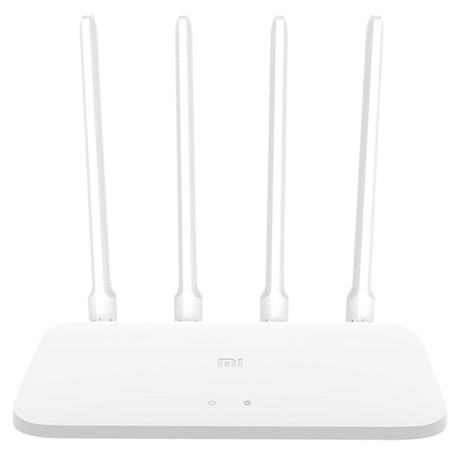 Router Wi-Fi branco com quatro antenas verticais e luzes indicadoras na frente.