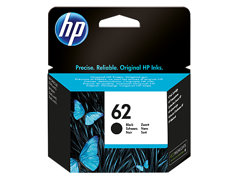 Embalagem de tinta HP preta modelo 62 com borboletas azuis