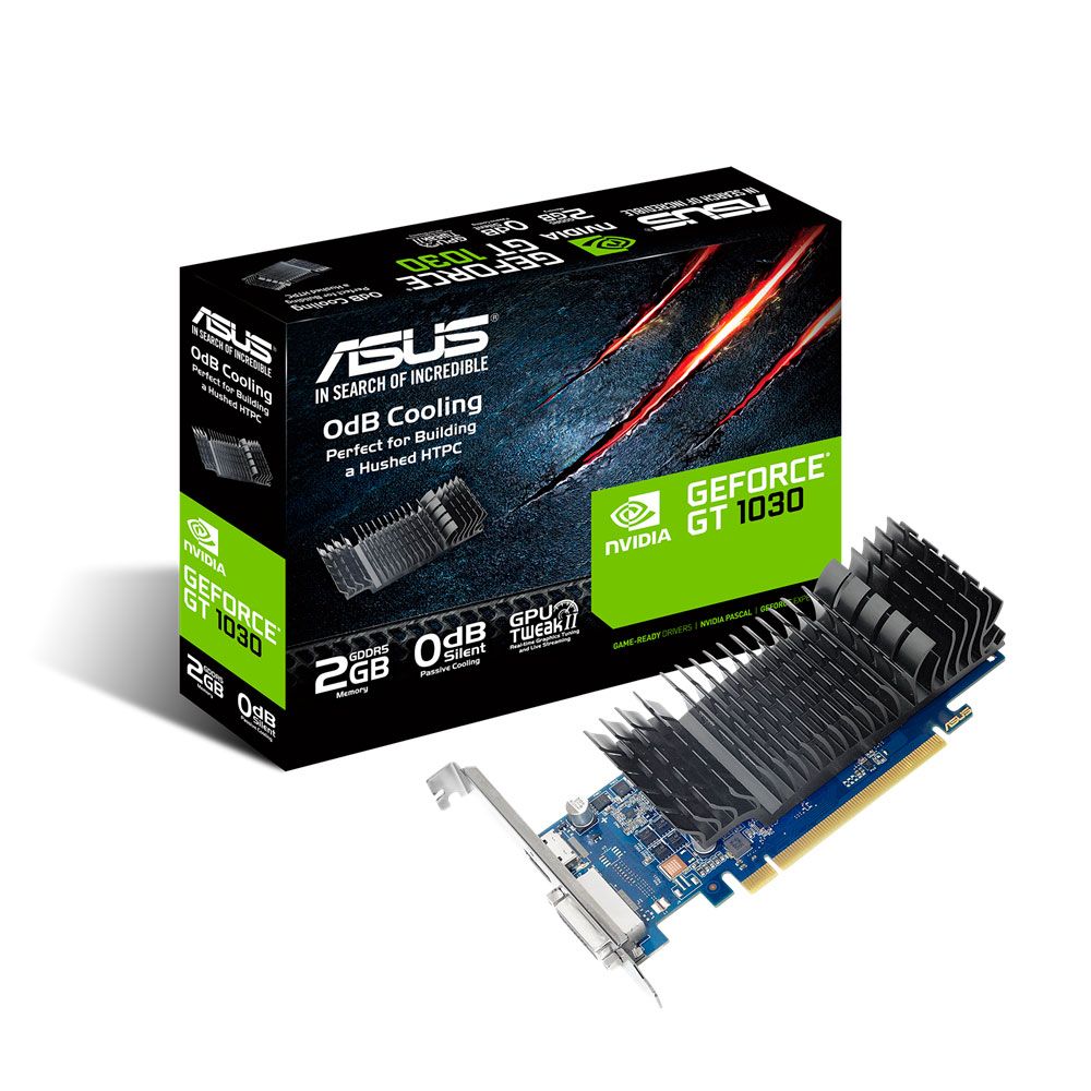 Placa gráfica ASUS NVIDIA GeForce GT 1030 com dissipador de calor e caixa de embalagem.
