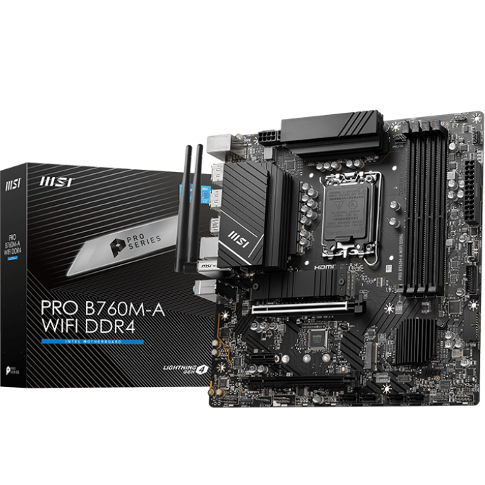 Placa mãe MSI PRO B760M-A WIFI DDR4 com componentes pretos e antenas WiFi junto à caixa preta