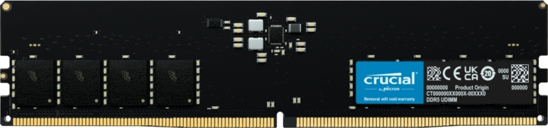 Módulo de memória RAM DDR5 Crucial com etiqueta azul e chips pretos