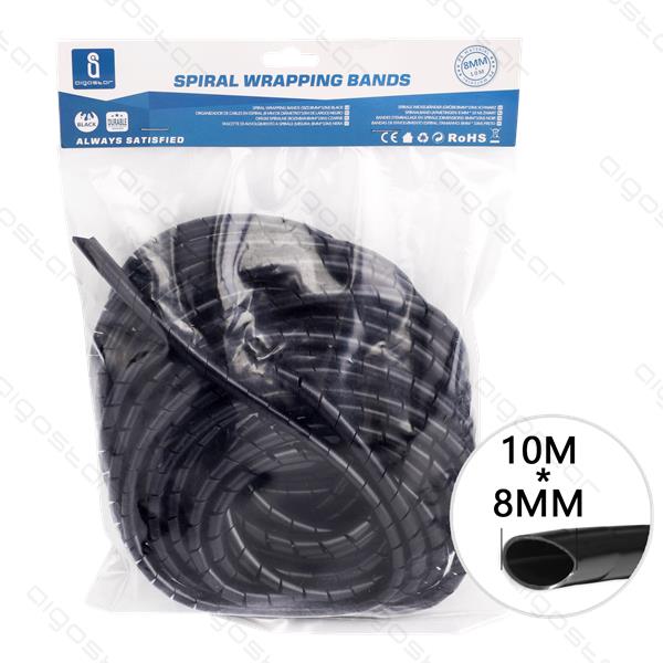 Embalagem de espiral preta para cabos com rótulo azul e branco