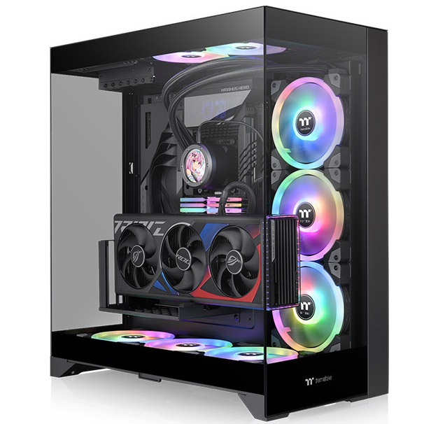 Computador de secretária preto com caixa de vidro e iluminação RGB colorida