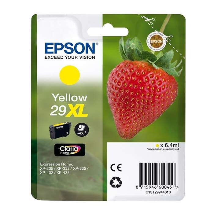 Cartucho de tinta Epson amarelo XL 29 com imagem de morango e texto de compatibilidade