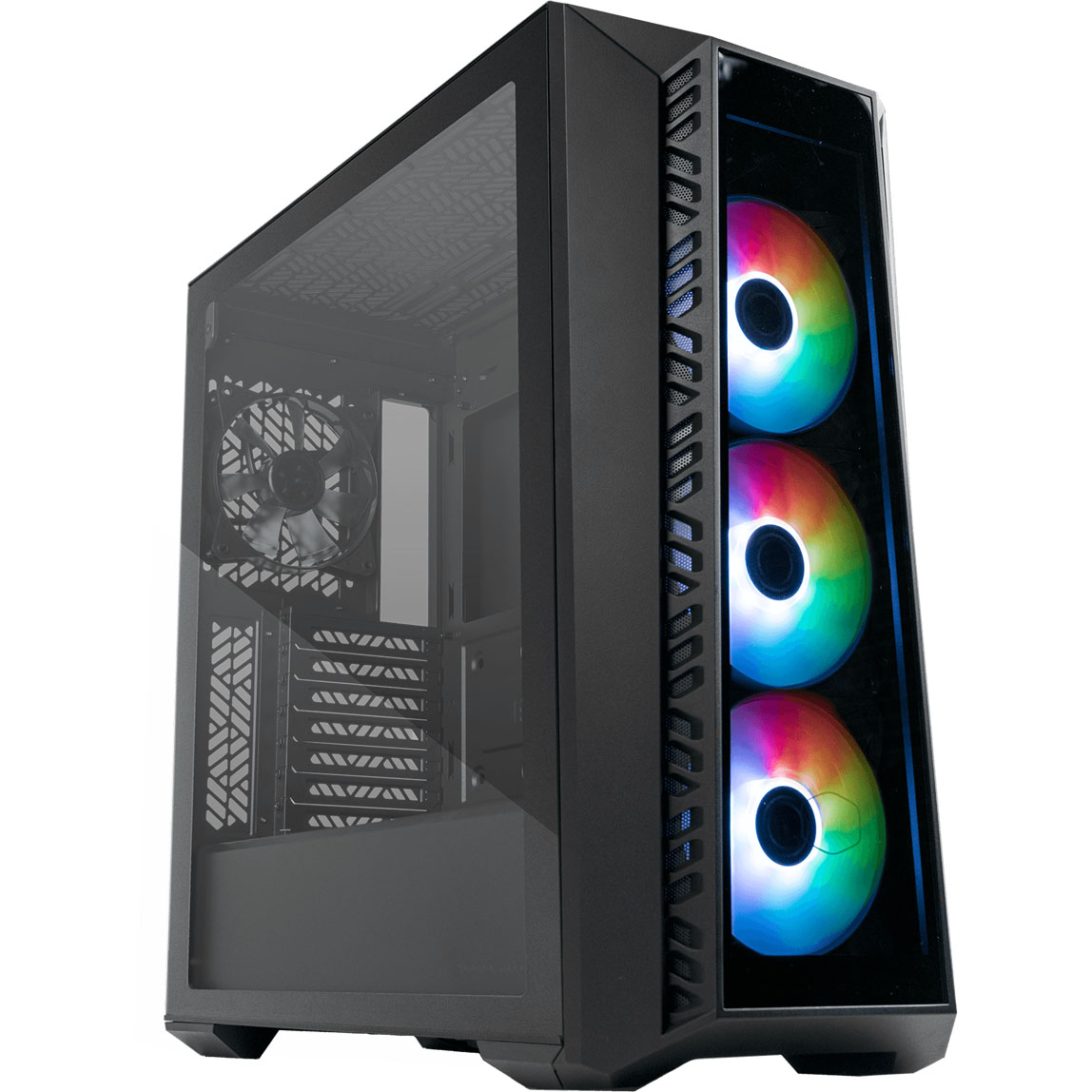 Torre de computador preta com ventoinhas RGB coloridas na frente e painel lateral em vidro
