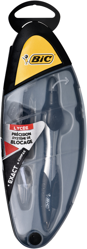 Estojo de compasso BIC com tampa transparente e rótulo em francês